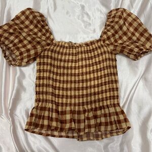 Smocked Off-Shoulder Gingham Top in Brown Check